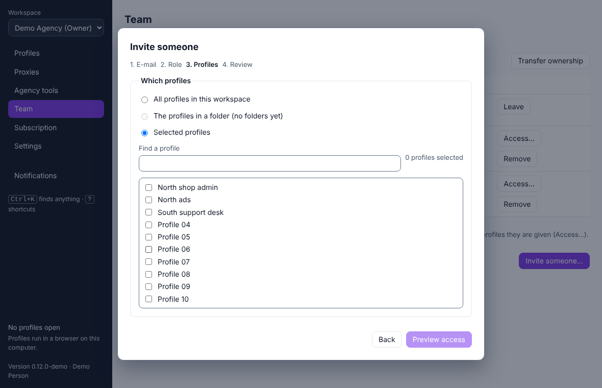 Inviting a teammate: choosing which profiles they will reach before sending.