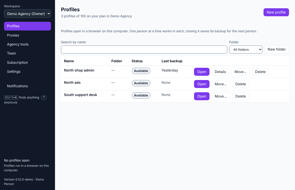 The Profiles screen of the desktop app: three profiles with their status, last backup and Open buttons.